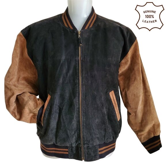 Route 66 Other - Route 66 Vintage Y2K 90s Suede Genuine Leather Varsity Bomber Jacket Black Tan L